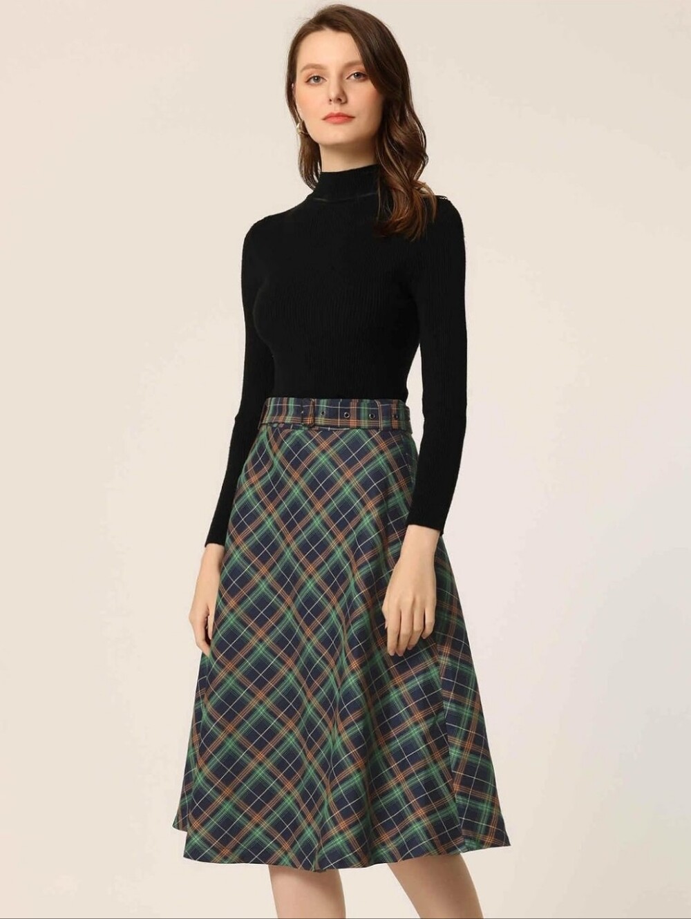 Allegra K Women's Plaid High Waist Belted A-Line Midi Skirt Size Small